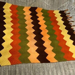 Hand Crafted Crochet Afghan Chevron Throw Blanket Brown Yellow ‎ Orange Green